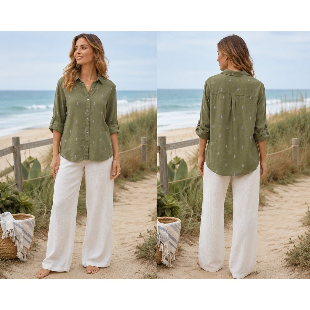 Isaac Mizrahi Linen Blend Shirt Sz L Green Pineapple Print Button Front Roll Tab